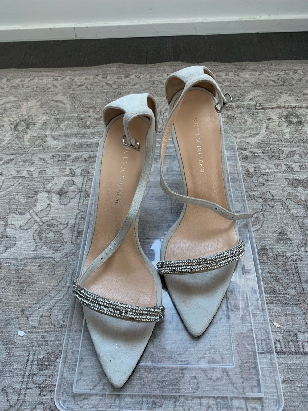 Dolce Vita Light Gray Pointed Rhinestone Ankle-Strap Heels